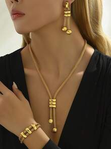 Set de 4 piezas de atuendo de fiesta de estilo minimalista retro y personalizado de moda, al estilo europeo y americano (accesorios colocados al azar) - Amarillo Oro - Ver 5