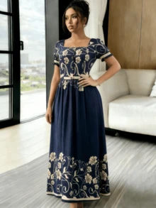 Women's Fitted Dress With Square Neckline, A-Line Print, Elegant For Vacation, Daily Commute, Short Sleeve, Sizes S M L - 藏蓝色 - 查看 4