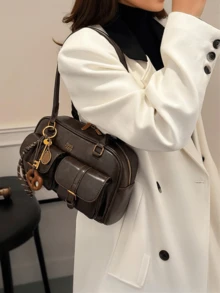 Large Capacity Work PU Tote Bag With Multiple Pockets, Simple And Fashionable Women Shoulder Bag, Solid Color Personalized Handbag, Japanese Bag, Street & Japanese Bag For Women - 咖啡棕 - 查看 9