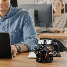 趣味复古引擎咖啡杯 V6/V8/V12 带把手不锈钢杯树脂 3D 饮水杯 父亲节礼物 - 彩色 - 查看 9