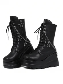 Platform Ankle Boots For Womem Round Toe Chunky Heel Lace Up Boots With Side Zipper Stars Decorated Wedge Booties Punk Goth Motorcycle Boots - 黑色 - 查看 3