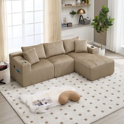Modular Sofa Combination With Princess Chair And Double Seat, Soft Corduroy Fabric With 5 Cushions, Side Pockets And Drink Holder, High Density Foam For DIY Combinations, Ideal For Living Rooms, Apartments And Studios.