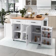 129x46 (71) X91.5 Cm Dining Trolley / Side Cabinet, Textured Solid Wood Countertop + White Cabinet / Folding Countertop / Storage Door Design / With Wheels / Reversible Solid Wood Legs / Suitable For Home - 白色 - 查看 2