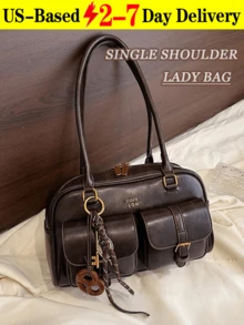 Large Capacity Work PU Tote Bag With Multiple Pockets, Simple And Fashionable Women Shoulder Bag, Solid Color Personalized Handbag, Japanese Bag, Street & Japanese Bag For Women - 咖啡棕 - 查看 4