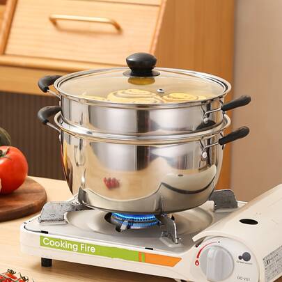 不锈钢小蒸锅套装，1个锅+1个蒸笼+1个玻璃盖 - 厨房锅具，汤面烹饪锅，适用于电磁炉及多种热源 | 防烫手柄 | 玻璃盖尺寸：锅口直径17.5厘米/6.89英寸