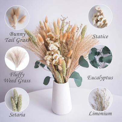 桉树叶花束、干花花束、苹果叶、兔尾草、蒲苇草组合花束，适用于家居装饰、办公室、餐桌、卧室，日常礼物，情人节、圣诞节、母亲节礼物，香氛花束