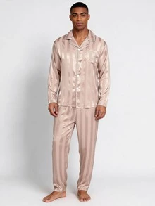 Snug League 男士缎面睡衣套装，长裤丝绸睡袍，纽扣式长袖条纹字母刺绣上衣和裤子，家居服，适合春秋季居家休闲穿着，秋冬季服装 - 香檳色 - 查看 1