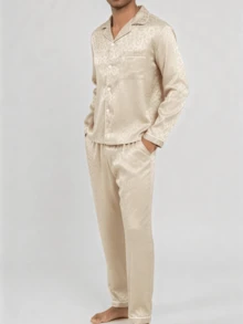 Snug League Men's Satin Pajama Set Long Pants Silk Button Style Long Sleeved Top & Pants Spring And Autumn Jacquard Leopard Print Comfortable And Soft Two Pieces Sets Loungewear, Fall Winter Clothes - Champagne - View 5