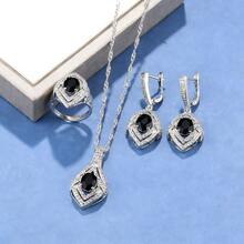 Spring New Geometric Necklace Earrings Jewelry Set, Open Ring, High-Quality Zirconia, Hypoallergenic Minimalist Versatile Commuter Jewelry, Gift For Women, Valentine's Day/Mother's Day/Birthday/Party/Wedding/Banquet/Daily Wear - Black - View 14