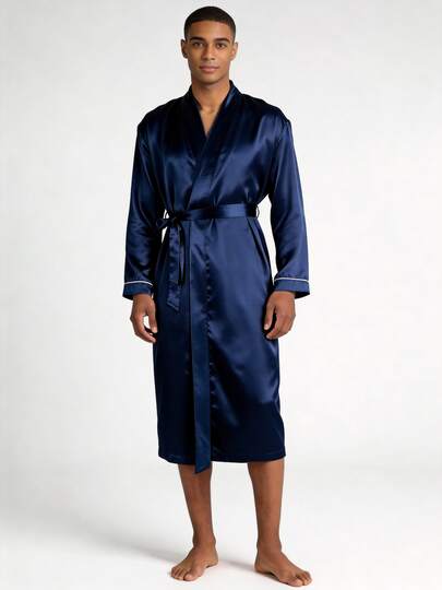 Snug League Men's Satin Long Sleeved Simple Casual Solid Color Robe, For Fall, Winter