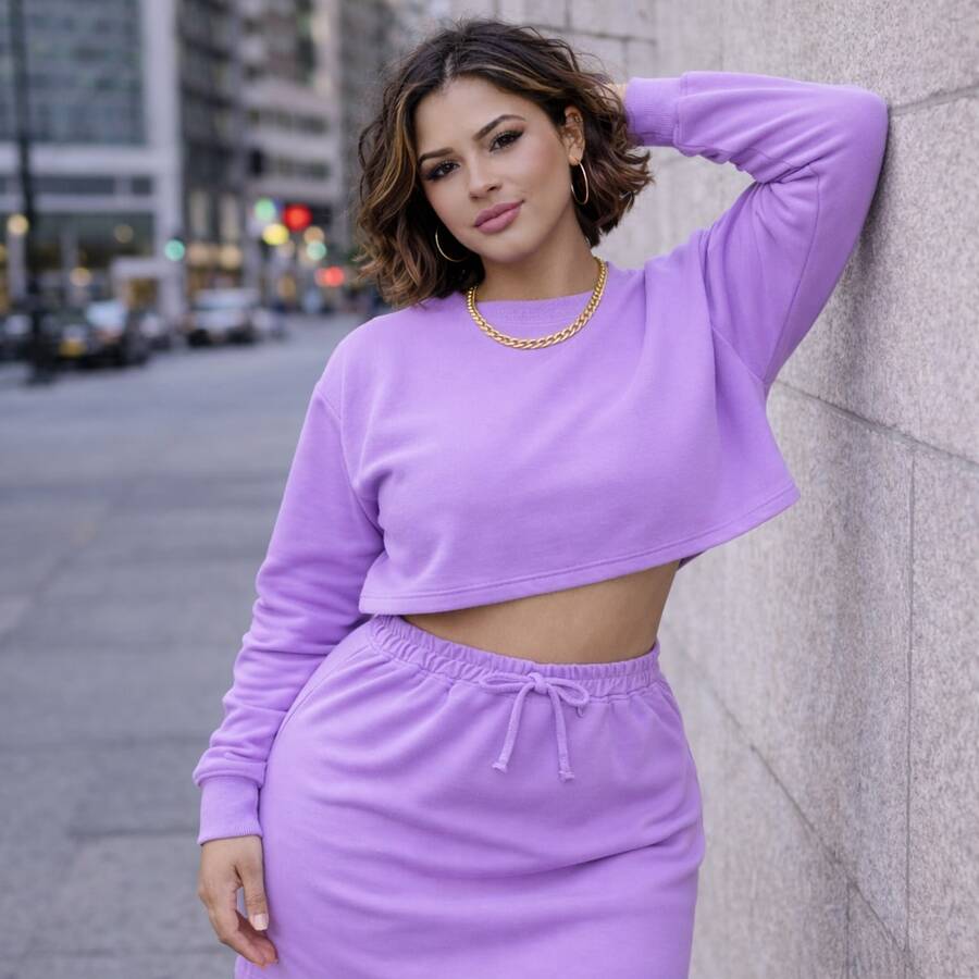 The Babado Set Is The Perfect Choice For Those Who Love To Be Fashionable With Style And Comfort. It Consists Of A Super , High-Fashion Skirt And A Long-Sleeved Cropped Top. - 紫丁香色 - 查看 1