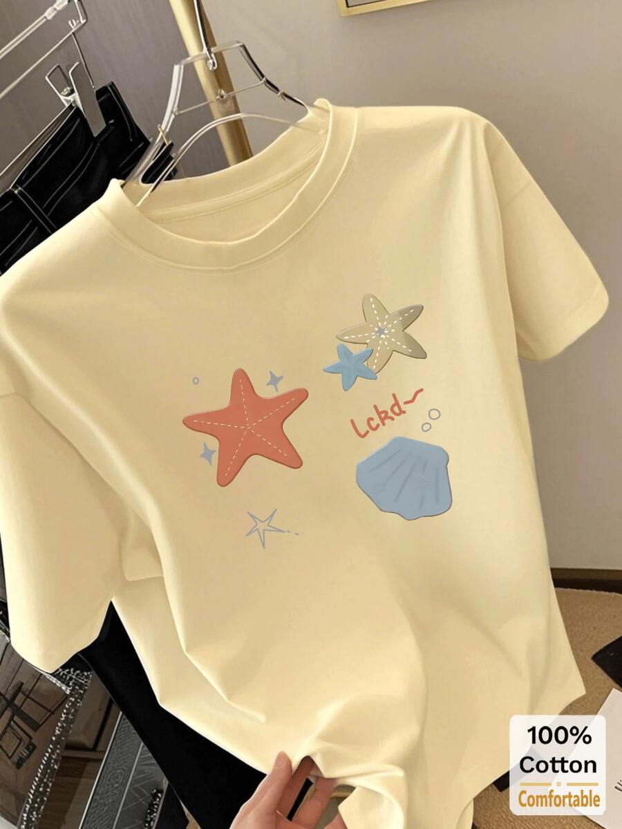 杏色星星贝壳印花短袖中长款T恤,时尚印花休闲上衣 #3333 夏季 - 杏色 - 查看 1