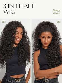 Jerry Curly 3 In 1 Half Wig Drawstring Band Wear Go Wig Invisible Hairline Human Hair Wigs Glueless Put On And Go Beginner Friendly Deep Wave Wigs Human Hair Drawstring Headband Wig For Women - Natural Black - Xem 2