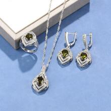 Spring New Geometric Necklace Earrings Jewelry Set, Open Ring, High-Quality Zirconia, Hypoallergenic Minimalist Versatile Commuter Jewelry, Gift For Women, Valentine's Day/Mother's Day/Birthday/Party/Wedding/Banquet/Daily Wear - Black - View 9