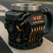 趣味复古引擎咖啡杯 V6/V8/V12 带把手不锈钢杯树脂 3D 饮水杯 父亲节礼物 - 彩色 - 查看 14