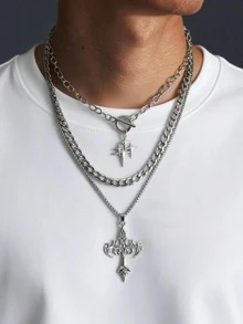 3pcs Fashionable Silver Cross & Star Pendant Necklaces, Stainless Steel, Suitable For Men's Casual, Dating, Party Wear, Holiday Gift, Fade Resistant - Silver - View 2