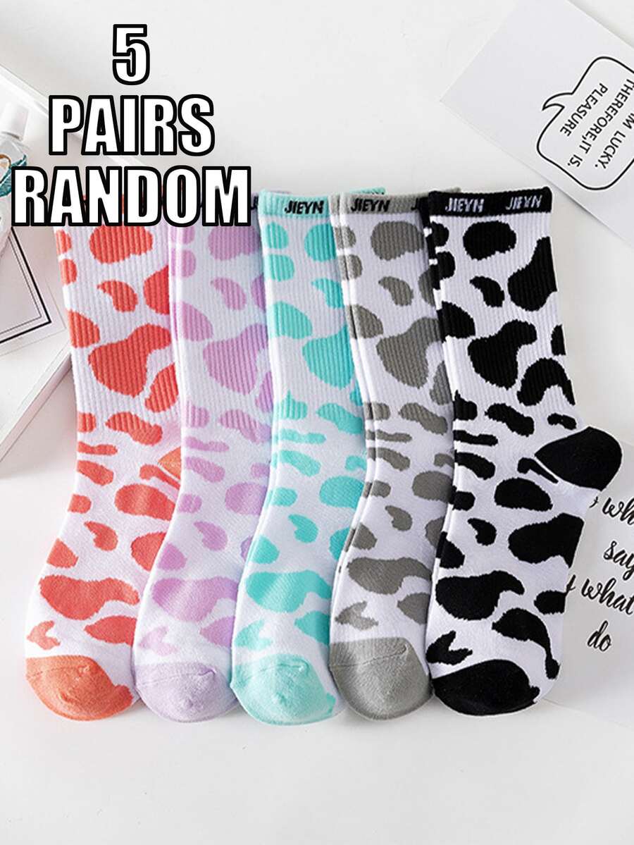 5 Pairs Random Cow Print Mid-Calf Socks, Fashionable Skin-Friendly And Comfortable - Multicolor - View 1
