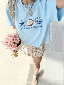 1 pieza Camiseta de manga corta de cuello redondo con estampado de estrella de mar, concha y árbol de coco para niñas, ropa de verano para estudiantes jóvenes - Celeste - Ver 1