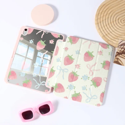 Cute Strawberry Bow Mirror Tablet Protective Case With Foldable Stand, Suitable For Pro 2024/Air M3/A16 2025, Ideal For Work, Travel And Home Relaxation
