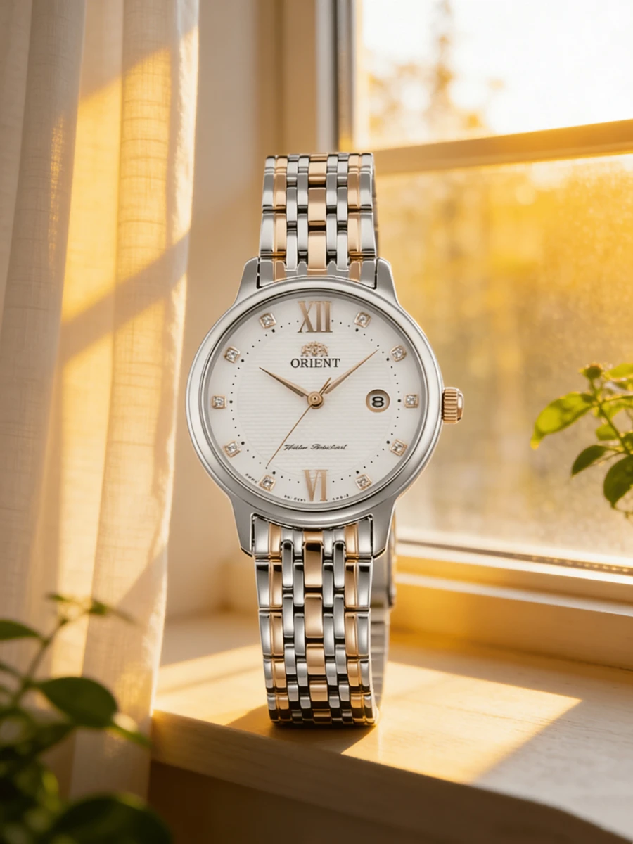 Orient Elegante Damenuhr mit zweifarbigem Roségold- und Silbergehäuse, mit Kristallen besetzt, klassisches weißes Zifferblatt mit römischen Ziffern, Quarz-Analoguhr mit Datumsanzeige, Edelstahlarmband für formelle, geschäftliche und Hochzeitsanlässe - Weiss - Übersicht 1