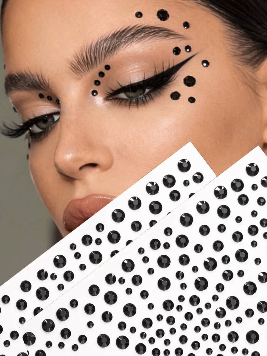 2pcs Gem Glitter Body Shiny 3D Gem Stickers, Party Accessories Makeup Rhinestone Stickers, Y2K Style Music Festival DIY Eye Face Decorations,Concert Look,Face Gems - Black - View 1