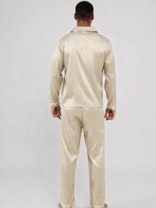 Snug League Men's Satin Pajama Set Long Pants Silk Button Style Long Sleeved Top & Pants Spring And Autumn Jacquard Leopard Print Comfortable And Soft Two Pieces Sets Loungewear, Fall Winter Clothes - Champagne - View 2