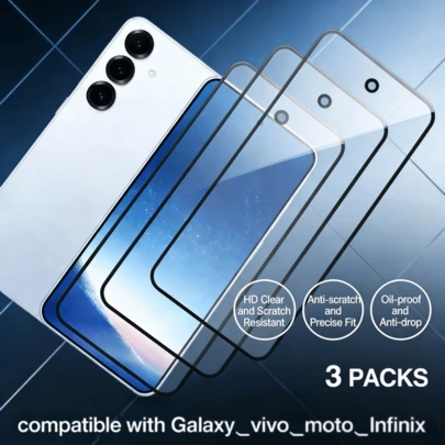 Trzy sztuki folii ochronnych na ekran telefonu z czarną ramką i rozdzielczością HD, odpowiednich do modeli Galaxy, Moto i Transsion. Pełne pokrycie, wyjątkowo gładka powierzchnia, odporna na odciski palców, nie zasłaniająca ekranu, odporna na upadki i przecięcia.