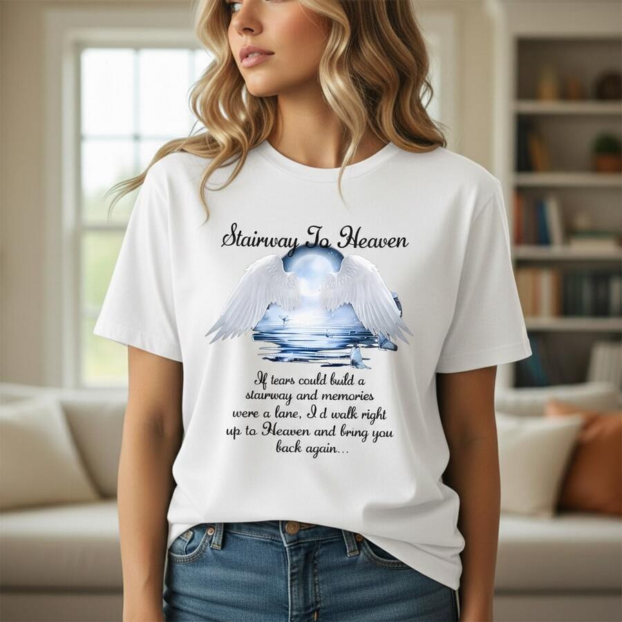 1PC Camiseta de Talla Grande para Mujer con Diseño de Alas de Ángel "Escalera al Cielo" para Hombres y Mujeres, Camiseta de Manga Corta de Algodón Puro con Frase Inspiradora, Top Negro de Corte Holgado, ! Camiseta estampada de manga corta, casual y elegante para mujer. - Blanco - Ver 1