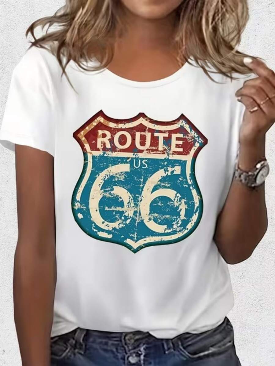 Summer Daily Casual Cotton Material Printed Short Sleeve T-Shirt-Simple Graphic Circle Design TopsVintage Route US 66 Shield - Default - View 1
