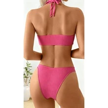 Neon Pink Bikini Set - Women's Ribbed High-Waisted Bathing Suit - Deep V Cropped Two Piece Swimsuit For Beach, Pool, Vacation - Flattering & Supportive - Multicolor 393 - View 2