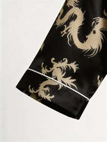 Snug League Men's Satin Long Sleeves And Golden Dragon Printed Sleepwear Robe, Suitable For All Seasons, For Fall, Winter - Black - View 7