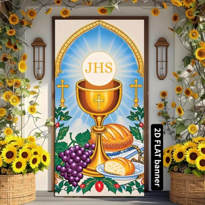 1 pieza Bandera de fiesta de Corpus Christi en 2D, de poliéster, de 180x90cm, con elementos religiosos como cáliz, Jesús IHS, uvas, cosecha y diseños de dones de Dios, adecuada para celebraciones religiosas