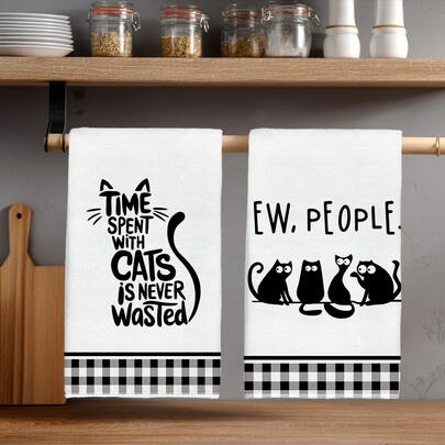 2pcs Minimalist Black Cat Pattern Kitchen Towels, Soft Polyester Dish Cloths, Suitable For Kitchen Decor, Cleaning, Holiday Party Decoration, Kitchen & Bathroom Essentials, Home Decor, Housewarming Gift