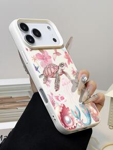 1 pieza Funda de teléfono suave, impermeable y a prueba de golpes con textura de litchi y patrón de elementos marinos como tortuga rosa refrescante, medusa y delfín, adecuada como regalo de cumpleaños/festividad para amigos, familia y parejas, compatible con modelos de Apple// - Multicolor - Ver 3
