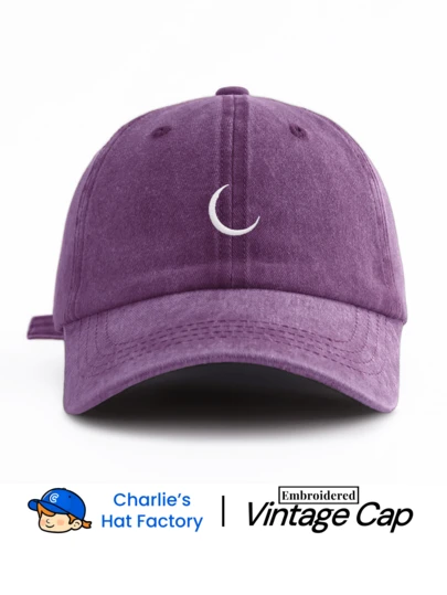 1 Unisex Vintage Washed Baseball Cap - Minimalist Crescent Moon Embroidery - Available In Retro Purple - Soft Texture Adjustable Dad Hat For Astrology, Celestial & Witchy Gift