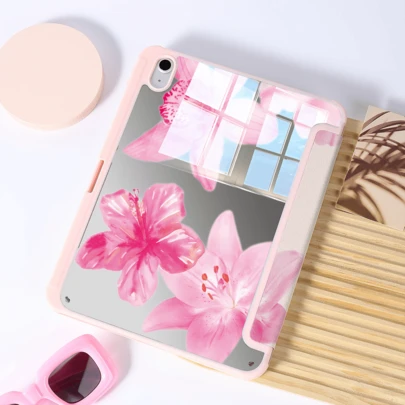 可爱粉色兰花莲花镜面平板保护套，带可折叠支架，适用于 Pro 2024/Air M3/A16 2025，非常适合工作、旅行和居家休闲。