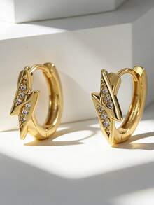 Women's Gold-Plated Double-Sided Clip-On Earrings, One Side With Lightning Zirconia Embellishment And The Other Side With Smooth Texture, Minimalist Elegant Design, Suitable For Daily Commute And Workwear, An Ideal Gift For Fashion Enthusiasts - Gold - View 1