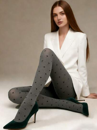 [Élanzette]Plus Size Women's Gray Heart Pattern Soft & Comfortable Cute Print Leggings, Romantic Daily Outfit