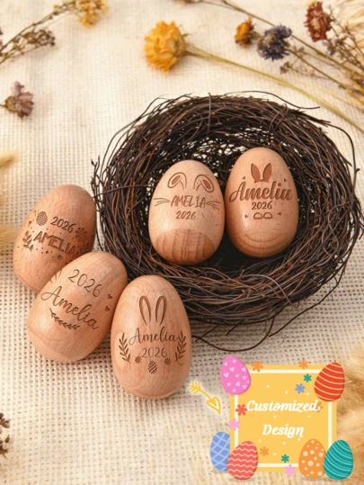 Personalized Easter Wooden Egg Shaker - Custom Name & Year Engraved Bunny Egg, Natural Beech Wood Easter Decor, Rustic Easter Ornament, Easter Basket Stuffer, Unique Easter Gift, Spring Home Accent, Custom Engraved Easter Keepsake With Bunny Design