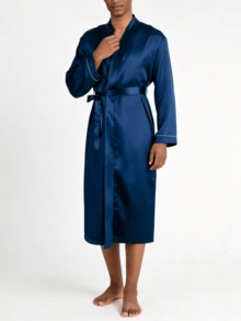 Snug League Áo choàng dài tay bằng vải satin màu trơn đơn giản, thường ngày dành cho nam, dành cho mùa thu, mùa đông - Màu xanh lam - Xem 4