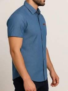 Men's Slim Fit Short Sleeve Denim Shirt, Cotton, Buttons, Premium Fit, Regular Fit - 淺藍色 - 查看 3