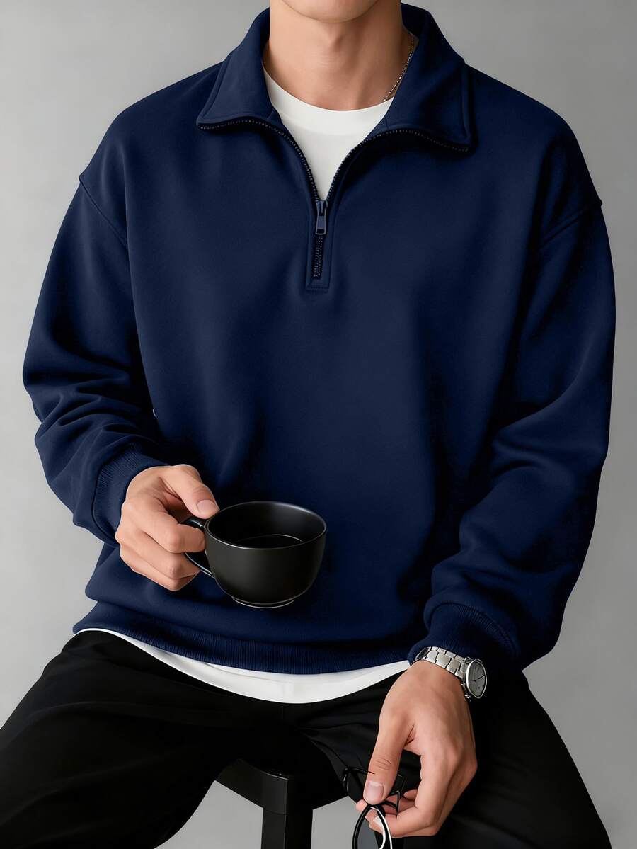 Sudadera casual de manga larga con cuello alto, cremallera y media cartera, versátil para el día a día en otoño/invierno - Azul Marino - Ver 1