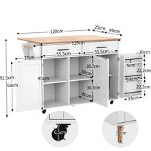129x46 (71) X91.5 Cm Dining Trolley / Side Cabinet, Textured Solid Wood Countertop + White Cabinet / Folding Countertop / Storage Door Design / With Wheels / Reversible Solid Wood Legs / Suitable For Home - 白色 - 查看 7