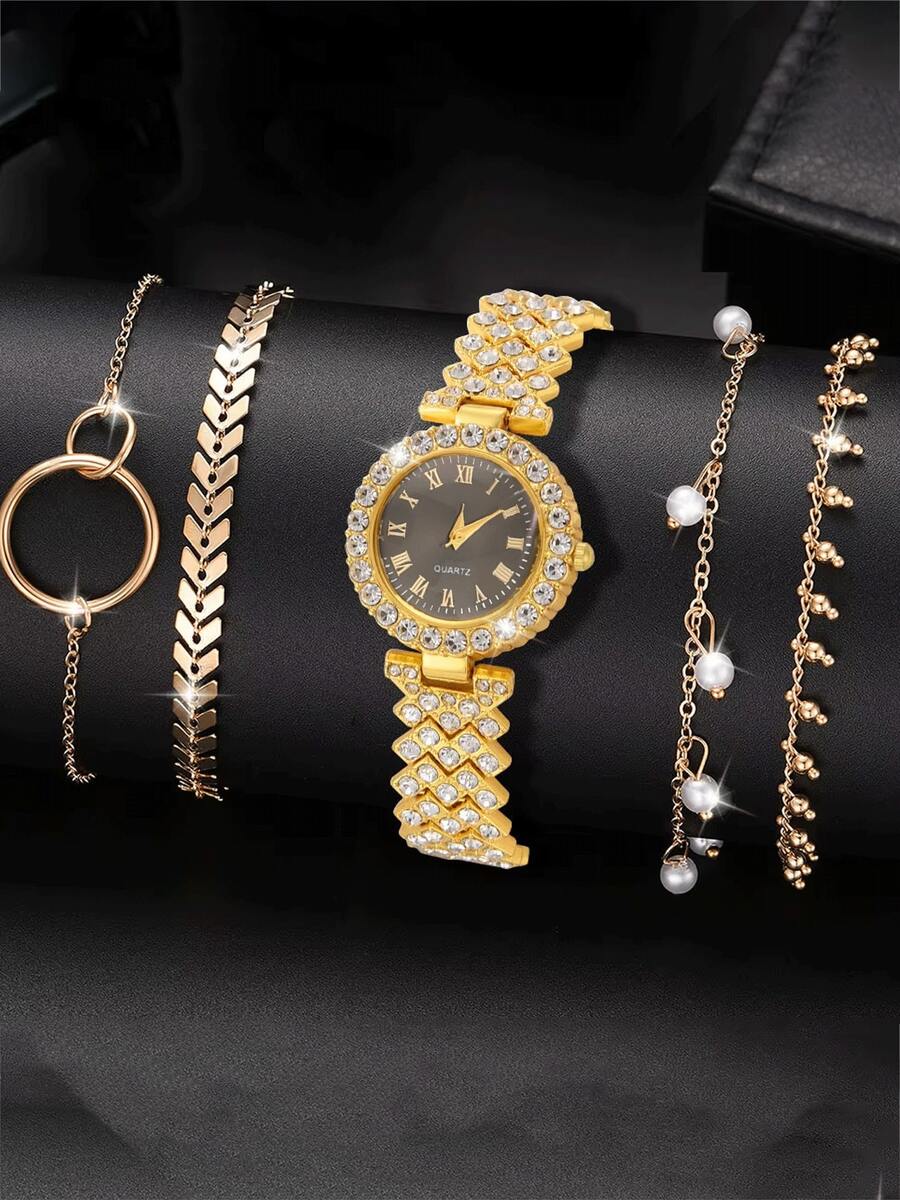 Set de 5 relojes de mujer de diseño redondo de lujo y estilo versátil de negocios - Dorado - Ver 1