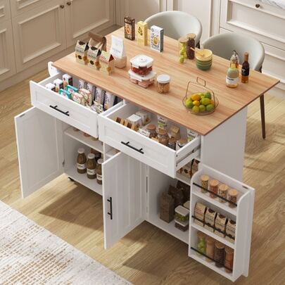 129x46 (71) X91.5 Cm Dining Trolley / Side Cabinet, Textured Solid Wood Countertop + White Cabinet / Folding Countertop / Storage Door Design / With Wheels / Reversible Solid Wood Legs / Suitable For Home