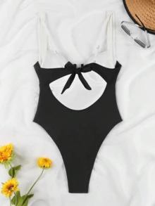Summer One-Piece Swimsuit, Black With White Trim, Slit Neckline Design, Suitable For Women's Beach Photos, Surfing, And Camping. - 黑與白 - 查看 2
