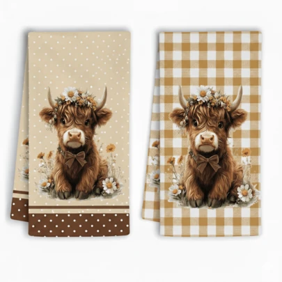 Cute Highland Cow Polka Dot Kitchen Dish Towels| Modern Style, Polyester, Hand Wash Only, Suitable For Kitchen And Bathroom Decoration, Home Decoration, And Holiday Gifts Modern Design Quick-Dry, Ultra-Soft Polyester Kitchen Towel Dish Towels Hand Towels Tea Towel Bathroom Towel, Durable Fabric Perfect For  Kitchen, Bathroom, Office & Restaurant Decor Holiday Decoration Family Gathering Decor Parties And Seasonal Celebrations Kitchen Gift Festival Gifts Ideal For Spring Decor & Festive Gatherings (Single-Sided Pattern) 2pcs/4pcs/6pcs/8pcs/10pcs/12pcs 16*24inch
