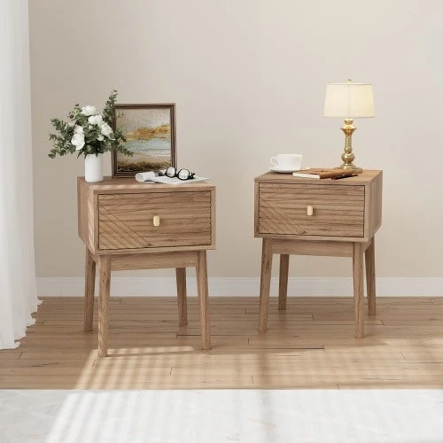 Modern Style Medieval Bedside Table In Oak, Bedroom Nightstand With Metal Handle, 40 X 40 X 55 Cm, Set Of 2 - Oak - View 1