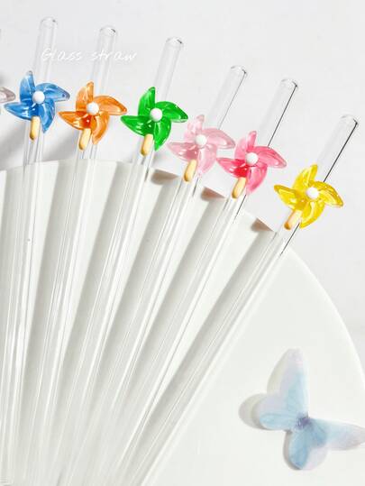 Multi-Color Windmill Glass Straws, Transparent Smoothie, Bubble Tea, Juice, Milk, Cocktail Cold Drink Windmill Series Bent Glass Straws, Reusable