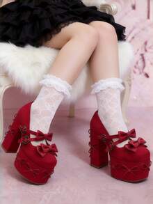 Women's Heel Shoes Women's Black Platform Heels Shoes Pink Elegant Women Shoes High Heels Pumps Cute Bow High Heels Gothic Heels Closed Toe Heels Chunky Heels Mary Jane Shoes - 紅色 - 查看 5